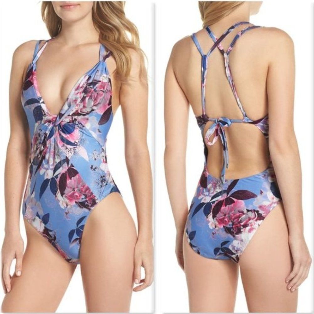 Becca by Rebecca Virtue Orchid Bloom One Piece Swimsuit Sz S Plunge Strappy NEW